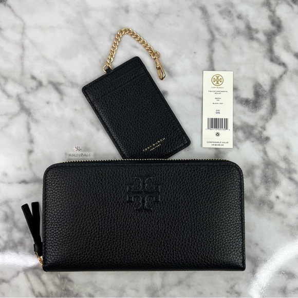Tory Burch Handbags - Tory Burch Black Pebbled Leather Zip Wallet with Card Holder and Gold Chain